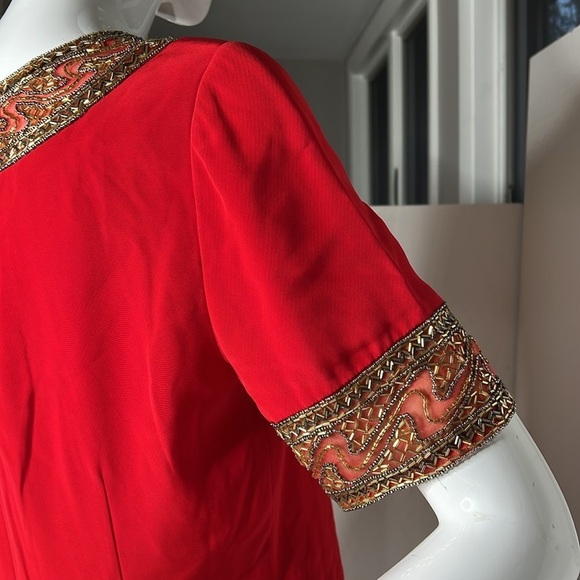 Bob Mackie Sz 8 Red Shift Beaded Collar and Cap Sleeve Dress - Picture 6 of 8